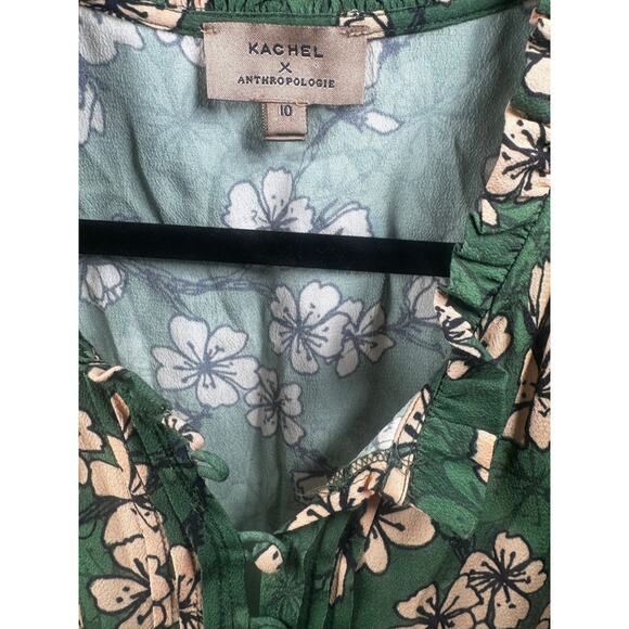 Kachel Anthropologie Ruffle Top Green Floral Smocked Waist Long Sleeve Sz 10 - Picture 2 of 5